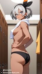 ai_generated ass bea_(pokemon) blue_eyes changing_room covered_nipples dark_skin dark_skinned_female grey_hair gumi_arts hairband hands_on_hips indoors looking_at_viewer medium_breasts nintendo open_mouth panties_only pokemon pokemon_ss sideboob stable_diffusion towel_around_neck