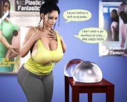 1girls 3d big_breasts black_hair breast_implants breasts cleavage dark-skinned_female dark_skin dialogue female huge_breasts implants text unnamed47