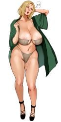 areola_slip big_breasts blonde_hair cleavage curvy full_body jnsdh mature mature_female milf naruto solo standing tsunade white_background