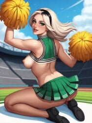 1girls ai_generated areola areolae ass ass ass_focus breast breasts breasts breasts_out cheerleader cheerleader_outfit cheerleader_uniform curvaceous curvaceous_body curves curvy curvy_body curvy_female curvy_figure exposed exposed_ass exposed_breast exposed_breasts exposed_butt exposed_nipple exposed_nipples female female female_only green_eyes hairband hourglass_figure infiniteskull kneeling kneeling_female light-skinned_female light_skin nipple nipples oc on_knees original_character platinum_blonde_hair skirt solo solo_female voluptuous voluptuous_female