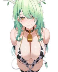 1girls 2d 2d_(artwork) alternate_costume belly_button big_breasts bikini bikini_top bra ceres_fauna cow_bell cow_bikini cow_print cow_tail female female_only flowers flowers_in_hair front_view green_hair hair_over_one_eye high_resolution highres hololive hololive_english horns huge_breasts light-skinned_female light_skin long_hair looking_at_viewer mole mole_under_eye navel revealing_clothes revealing_swimsuit si_farid simple_background skimpy_clothes slim_girl smiling smiling_at_viewer solo solo_female solo_focus standing swimsuit thighhighs thong thong_bikini two_piece_swimsuit virtual_youtuber voluptuous voluptuous_female vtuber vtuberfanart white_background yellow_eyes young younger_female