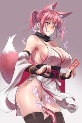 animal_ear_fluff animal_ears bare_shoulders black_gloves black_scarf breasts cleavage detached_sleeves dress elbow_gloves female fingerless_gloves fox_ears gloves highres holding implied_sex japanese_clothes original panties pelvic_curtain pink_eyes pink_hair pubic_hair sawaya_(mizukazu) scarf side-tie_panties sideboob standing tail tentacle tentacle_on_female thighhighs underwear white_panties wide_sleeves