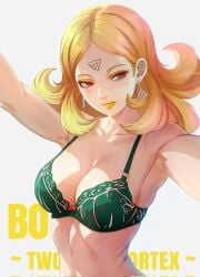 arms_up blonde blonde_female blonde_hair boruto:_naruto_next_generations boruto:_two_blue_vortex bra breasts delta_(boruto) drawink earrings forehead_mark green_bra lipstick naruto naruto_(series) partially_clothed pink_hair solo_female underwear