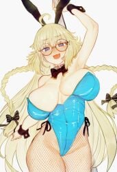 1girls ahoge arm_up armpits blonde_hair blue_hair blush breasts bunny_ears bunny_girl bunnysuit detached_collar ebora fate/grand_order fate_(series) female fishnets glasses hi_res highleg highleg_leotard hips huge_breasts leotard light-skinned_female light_skin long_hair round_glasses solo spiral_eyes thick_thighs thighs tonelico_(fate) twin_braids white_background wide_hips wrist_cuffs youngmanisdown