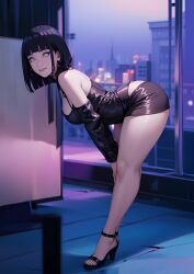 1girls ai_generated asian asian_bimbo asian_female black_hair breasts dress fbps35 heels highres hyuuga_hinata naruto short_hair thick_thighs tight_dress white_eyes