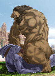 anal bomb_(artist) censored cum feline fellatio fur furry gay hi_res lagomorph lion male muscles oral oral_sex penis rabbit sex size_difference sweat wet