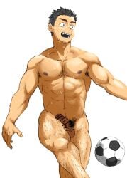 1boy :d abs armpit_hair armpit_hair_peek ball bar_censor bara censored completely_nude erection facial_hair feet_out_of_frame fugur6_fugur9 goatee_stubble hairy highres male male_focus male_only male_pubic_hair muscular muscular_male navel navel_hair nipples nude original pectorals penis pubic_hair sanpaku short_hair smile soccer soccer_ball solo sparse_chest_hair sparse_leg_hair stomach stubble sweat thick_eyebrows very_sweaty white_background