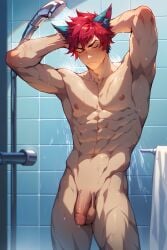 ai_generated balls bara belmarkai big_balls big_penis green_hair league_of_legends looking_at_viewer male male_nipples male_only male_pubic_hair muscular_male nipples nude penis red_hair riot_games scar sett wet