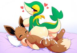 :3 absurd_res ai_generated anthro ass balls bed big_breasts big_butt blush bodily_fluids breasts brown_balls brown_body brown_fur closed_eyes cowgirl_position cum cum_in_pussy cum_inside cum_splatter duo eevee female female_on_top female_penetrated from_front_position fur furniture generation_1_pokemon generation_5_pokemon genital_fluids genitals happy happy_sex heart hellsonger hi_res interspecies looking_pleasured lying male male/female male_on_bottom male_penetrating male_penetrating_female mammal nintendo nude on_bottom on_top orgasm penetration penile penile_penetration penis penis_in_pussy pokemon pokemon_(species) pussy red_eyes sex simple_background smile snivy vaginal_penetration