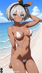 ai_generated bea_(pokemon) beach bikini blue_eyes cleavage covered_nipples covered_pussy dark_skin dark_skinned_female grey_hair gumi_arts hairband looking_at_viewer medium_breasts navel nintendo outdoors pokemon pokemon_ss smile stable_diffusion