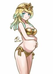 1girls alternate_costume alternate_hairstyle aqua_eyes bare_arms bare_shoulders bikini blonde_hair blush breasts cleavage cowboy_shot crown female female_only fire_emblem fire_emblem_heroes fjorm_(fire_emblem) gold_bikini gold_swimsuit gradient_hair green_hair hands_on_own_stomach highres long_hair looking_at_viewer medium_breasts multicolored_hair navel nintendo pregnant princess rotomdocs royalty side-tie_bikini_bottom signature simple_background smile solo strapless strapless_bikini swimsuit twitter_username white_background yellow_bikini yellow_swimsuit