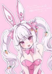 1girls alice_(nikke) alice_(wonderland_bunny)_(nikke) blush breasts bunny_ears bunnysuit cleavage female_only goddess_of_victory:_nikke open_mouth pink_eyes simple_background twintails upper_body upper_teeth white_hair