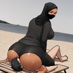 ai_generated arab_female arabian_female black_mask civitai dominant_female facesitting femdom gigantic_ass hijab hijabi huge_ass huge_butt mask mature_female milf muslim muslim_female smaller_male wide_hips younger_male