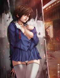 absurd_res alessa_gillespie brown_eyes brown_hair dark_brown_hair dark_hair female female_only freckles hi_res karosu-maker looking_at_viewer medium_breasts miniskirt no_bra one_breast_out open_shirt panties school_uniform schoolgirl short_hair showing_breasts silent_hill silent_hill_1 thigh_gap thighhighs undressing upskirt very_high_resolution white_legwear white_panties white_thighhighs yellow_eyes zettai_ryouiki