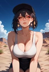 ai_generated bangs black_hair blush cap desert earrings female_rover_(wuthering_waves) hair_between_eyes hot_weather jewelry large_breasts minishorts red_eyeshadow short_hair stable_diffusion sugyx white_tank_top wide_hips wuthering_waves yellow_eyes