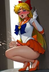 ai_generated bishoujo_senshi_sailor_moon bow clothing cum erection_under_skirt futanari handsfree_ejaculation heels high_heels minako_aino pleated_skirt sailor_venus skirt small_breasts