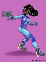 black_hair blackwashed bodysuit dark-skinned_female dark_skin green_eyes kolsan metroid race_swap red_lipstick samus_aran super_smash_bros. tight_clothes