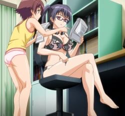 2girls ass barefoot big_breasts black_hair breasts brown_hair busty cleavage crossed_arms eroge!_h_mo_game_mo_kaihatsu_zanmai feet female female_only glasses green_eyes highres kosaka_iori large_breasts legs long_hair multiple_girls navel nipples panties petite reading see-through short_hair sideboob sitting small_breasts sonono_nene stitched thighs third-party_edit twintails underwear voluptuous