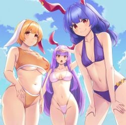 2d 3girls bare_shoulders belly belly_button big_breasts bikini blonde_hair blue_hair blush breasts bunny_ears bunny_girl chubby chubby_female cleavage day female female_only hips humanoid long_hair looking_at_viewer looking_to_the_side medium_breasts open_mouth outdoors purple_hair red_eyes reisen_udongein_inaba ringo_(touhou) seiran_(touhou) short_hair shy small_breasts smile source standing swimsuit swimwear tarmo thighs tied_hair touhou trio underboob