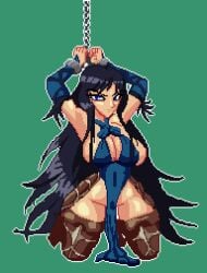 1girls arms_up black_hair blue_eyes breasts brown_legwear brown_thighhighs castlevania clothing female konami long_hair pixel_art restrained self_upload shanoa spread_legs thighhighs wide_hips