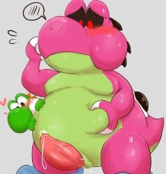 absurd_res anthro belly blush bodily_fluids cloacal_penis cum cumdrip duo erection genital_fluids genitals hi_res male male/male mario_(series) mario_and_luigi_(series) namoke nintendo overweight penis precum size_difference vein veiny_penis yoob yoshi yoshi_(character)