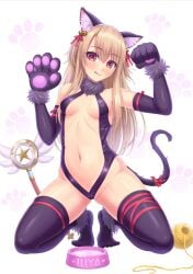 1girls absurdres animal_costume animal_ears animal_hands bell blonde_hair blush bowl breasts cat_ears covered_nipples covered_pussy degradation fate/kaleid_liner_prisma_illya fate_(series) feet female female_only hair_bell hair_ornament highres humiliation illyasviel_von_einzbern itsuki_kunihiro licking_lips long_hair magical_ruby navel pet pet_bowl red_eyes small_breasts solo tail teenage_girl tongue tongue_out yarn young younger_female