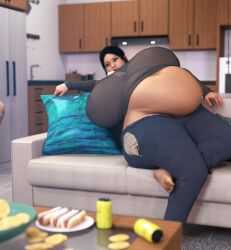 1girls 3d bbw belly big_belly big_breasts black_hair breasts fat female food hot_dog huge_belly huge_breasts nipples nipples_visible_through_clothing obese overweight overweight_female sitting sofa translucent_clothing unnamed47 weight_gain