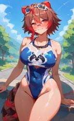 ai_generated brown_hair huge_breasts latam_virtual_youtuber multicolored_hair raccoon_girl rakkun ricochetk short_hair swimsuit virtual_youtuber vtuber wide_hips