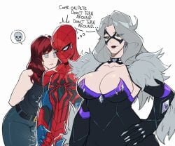 2026 axiyo black_cat_(marvel) black_cat_(marvel_rivals) boyfriend boyfriend-girlfriend catsuit cleavage clothed clothed_female clothed_male felicia_hardy girlfriend green_eyes jealous jealous_female jealousy large_breasts long_hair marvel marvel_rivals mary_jane_watson multiple_females multiple_girls peter_parker red_hair simple_background spider-man spider-man_(marvel_rivals) spider-man_(series) staring staring_at_partner sweat sweatdrop sweating white_background white_hair