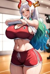 ai_due ai_generated athletic_female bare_legs big_breasts big_woman bigger_female breasts_bigger_than_head dolphin_shorts earrings female female_only gym_clothes gym_uniform hair_ornament horn horns huge_breasts large_breasts light-skinned_female light_skin looking_at_viewer multicolored_hair one_piece oni oni_female oni_horns orange_eyes ponytail shirt_lift shounen_jump squatting thick_thighs thighs very_long_hair voluptuous voluptuous_female white_hair yamato_(one_piece)