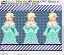 3girls animated big_breasts boob_window bouncing_breasts breasts busty cleavage clothed crown curvy doodlewill dress earrings female female_only hair_over_one_eye huge_breasts large_breasts light-skinned_female light_skin lips long_hair long_sleeves lunar_magic mario_(series) nintendo no_bra pixel_art platinum_blonde_hair princess_rosalina revealing_clothes star_earrings super_mario_world teasing trio wide_hips
