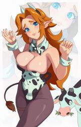 1girls big_breasts blue_eyes bovine cleavage cow_print malon ocarina_of_time okay_sign pointy_ears red_hair the_legend_of_zelda