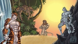 anthro dossun feline flaccid fur furry jungle leopard lion male male_only muscles nude penis pose snow_leopard tiger waterfall