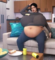 1girls 3d bbw belly big_belly big_breasts black_hair breasts fat female food hot_dog huge_belly huge_breasts nipples nipples_visible_through_clothing obese overweight overweight_female sitting sofa translucent_clothing unnamed47 weight_gain