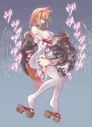 animal_ear_fluff animal_ears bare_shoulders breasts bug cleavage detached_sleeves elbow_gloves female fingerless_gloves fox_ears fox_girl fox_tail from_side full_body gloves implied_penetration insect japanese_clothes orange_hair original pelvic_curtain pushing sawaya_(mizukazu) sideboob tail thighhighs white_thighhighs wide_sleeves zoophilia