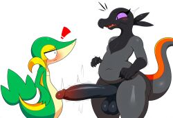 absurd_res ai_generated anthro balls belly big_balls big_penis black_body blush bodily_fluids duo erection exclamation_point femboy generation_5_pokemon generation_7_pokemon genital_fluids genitals hellsonger hi_res huge_cock humanoid_genitalia humanoid_penis lizard long_penis looking_at_genitalia looking_at_penis male nintendo nude open_mouth penis pokemon pokemon_(species) precum purple_eyes reptile retracted_foreskin salandit scalie simple_background size_difference slightly_chubby small_but_hung snivy standing surprise thick_penis thick_thighs vein white_background