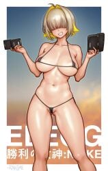 1girls ahoge areola_slip ass_visible_through_thighs barely_clothed bikini blonde_hair elegg_(nikke) female female_only goddess_of_victory:_nikke grin hair_over_eyes large_breasts micro_bikini nipple_bulge rahime revealing_clothes selfie short_hair skimpy_clothes solo standing