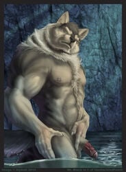 1boy alpha0 anthro balls canine erection fluffy foreskin forest fur furry huge_muscles male male_only muscles nude penis pose solo tree uncut wolf