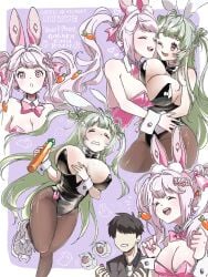 1boy 2girls alice_(nikke) alice_(wonderland_bunny)_(nikke) breast_lift breasts breasts_apart bunny_ears bunnysuit cleavage clenched_teeth closed_eyes commander_(nikke) goddess_of_victory:_nikke green_hair large_breasts long_hair multiple_poses one_eye_closed open_mouth pink_eyes purple_eyes simple_background soda_(nikke) soda_(twinkling_bunny)_(nikke) thick_thighs twintails upper_teeth white_hair wide_hips