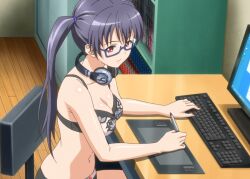 1girls big_breasts black_hair bra breasts bursting_breasts busty cleavage computer covered_erect_nipples eroge!_h_mo_game_mo_kaihatsu_zanmai female female_only glasses headphones highres keyboard_(computer) kosaka_iori large_breasts long_hair looking_at_viewer monitor navel nipples panties red_eyes see-through smile solo stitched third-party_edit twintails underwear voluptuous