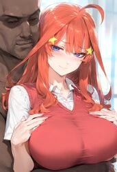 1boy 1girls ahoge ai_generated bald bangs blue_eyes blush breasts closed_mouth clothing collared_shirt dark-skinned_male dark_skin female go-toubun_no_hanayome hair_between_eyes hair_ornament interracial large_breasts long_hair looking_at_viewer male nakano_itsuki nakatori red_hair red_sweater school_uniform shirt short_sleeves smile star_(symbol) star_hair_ornament straight sweater_vest uniform upper_body wavy_mouth white_shirt