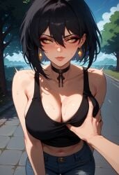 ai_generated bangs black_hair black_tank_top blush earrings female_rover_(wuthering_waves) flirting_with_viewer hair_between_eyes jeans jewelry large_breasts red_eyeshadow short_hair stable_diffusion sugyx wide_hips wuthering_waves yellow_eyes