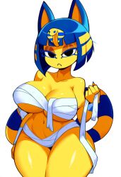 absurd_res ai_generated animal_crossing ankha_(animal_crossing) anthro bandage big_breasts blue_hair breasts clothing digital_media_(artwork) domestic_cat felid feline felis female frown fur hair hellsonger hi_res looking_at_viewer mammal navel nintendo simple_background solo striped_markings striped_tail tail_markings thick_thighs uraeus white_background wide_hips wraps yellow_body yellow_fur