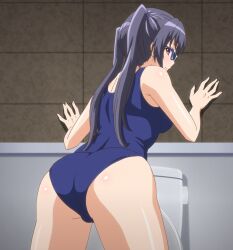 1girls against_wall ass bathroom big_ass big_breasts blush breasts busty come_hither eroge!_h_mo_game_mo_kaihatsu_zanmai fat_ass female female_only glasses grey_hair highres invitation inviting kosaka_iori large_breasts long_hair one-piece_swimsuit open_mouth presenting red_eyes screencap sensual sideboob smile stitched swimsuit thick_thighs thighs third-party_edit twintails