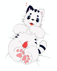 absurd_res anthro arm_on_chest bed blue_eyes bodily_fluids cum cum_flow domestic_cat fairycatcreation felid feline felis fur furniture genital_fluids genitals heart_symbol hi_res hindpaw humanoid lying male mammal mascot nyanrou paws penis red_penis showing_paws simple_background slightly_chubby solo tongue tongue_out white_body white_fur