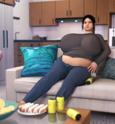 1girls 3d bbw belly big_belly big_breasts black_hair breasts fat female food hot_dog huge_breasts nipples nipples_visible_through_clothing overweight overweight_female sitting sofa translucent_clothing unnamed47 weight_gain