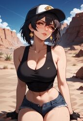 ai_generated bangs black_hair black_tank_top blush cap desert earrings female_rover_(wuthering_waves) hair_between_eyes hot_weather jewelry large_breasts minishorts red_eyeshadow short_hair stable_diffusion sugyx wide_hips wuthering_waves yellow_eyes