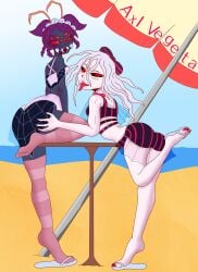 2girls arachnid arachnid_humanoid arthropod ass ass_grab axlvegeta beach big_ass big_butt black_sclera clothing entoma_vasilissa_zeta fangs female female_only legwear long_hair long_tongue looking_at_viewer looking_back looking_back_at_viewer monster monster_girl mostly_clothed multi_eye overlord_(maruyama) petite purple_hair red_eyes sandals shalltear_bloodfallen spider spider_girl stockings swimsuit tagme tongue tongue_out umbrella vampire vampire_girl white_hair