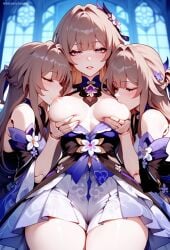 2girls 3girls a1exwell ai_generated doll_joints female herta_(honkai:_star_rail) honkai:_star_rail stable_diffusion sucking_nipples thick_thighs triplets