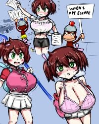 1girls alternate_breast_size ape_escape arm_up bike_shorts bike_shorts_under_skirt blush bra breasts brown_hair bursting_breasts cleavage drawfag english_text green_eyes hair_ribbon heavy_breathing huge_breasts in_heat jacket legs looking_at_viewer midriff monkey navel net open_mouth parted_lips ribbon sayaka seductive seductive_look sensual shirt skirt smile sony thighs tied_shirt twintails underwear unworn_jacket wardrobe_malfunction yumi